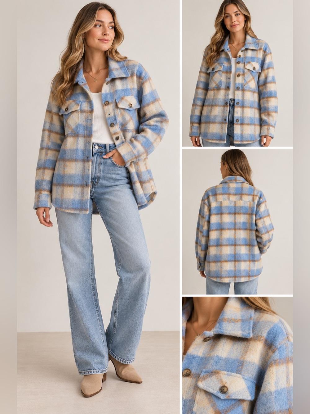 Line & Dot Kenzie Blue Beige Plaid Fuzzy Shacket Coat Size S